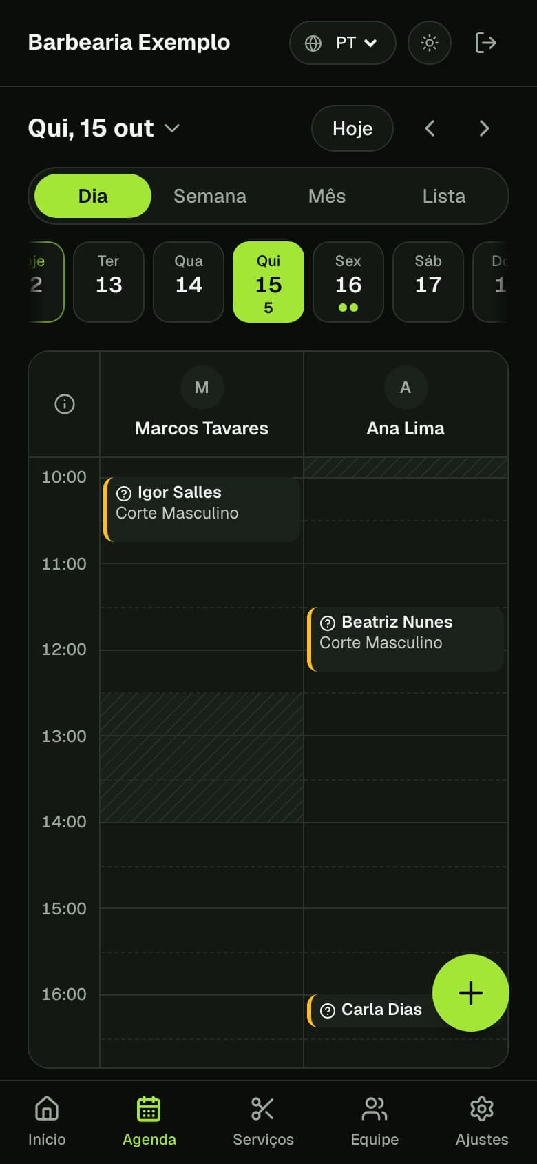 Agenda do dia com os atendimentos de cada profissional