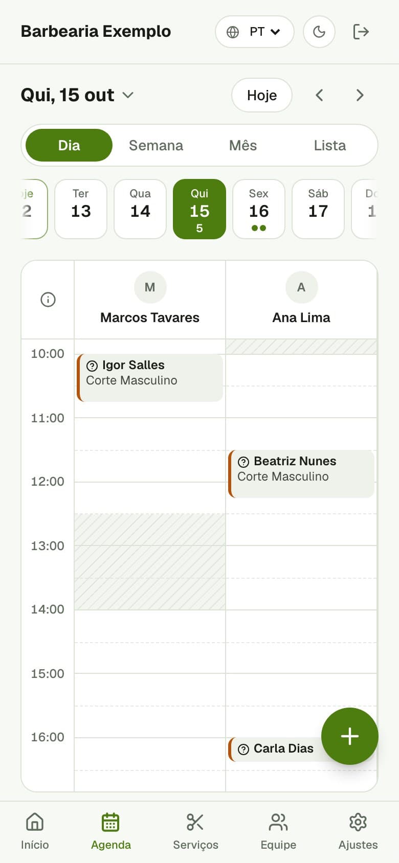 Agenda do dia com os atendimentos de cada profissional